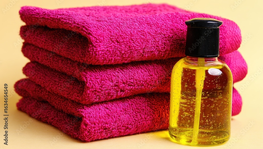 Pink towels stacked, next to a small bottle of yellow gel Pink towels stacked, next to a small bottle of yellow gel