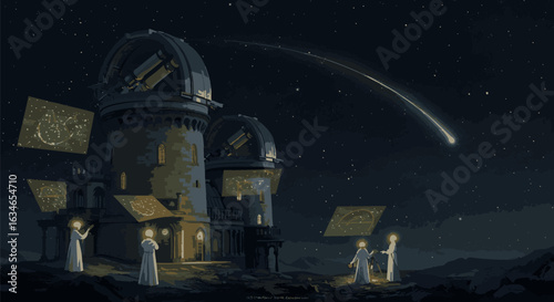 Celestial event observed by historical astronomers from a stone tower observatory under a starry night sky.