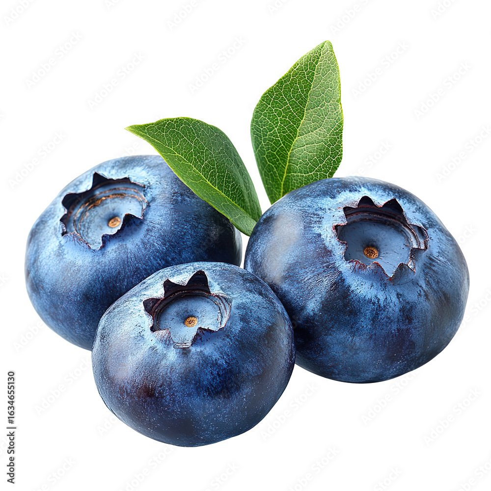 Obraz premium Blueberries with green leaves isolated on transparent background