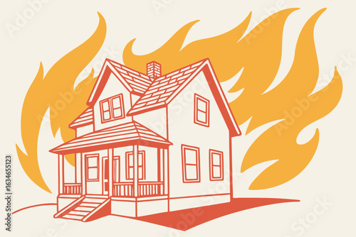 Illustration of a house engulfed in flames representing the danger of fire and the importance of insurance