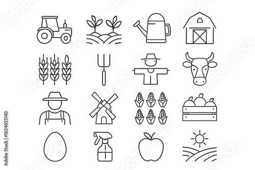 Farming and Agriculture Icons Set – Tractor, Crops, Farm Tools, and Animals