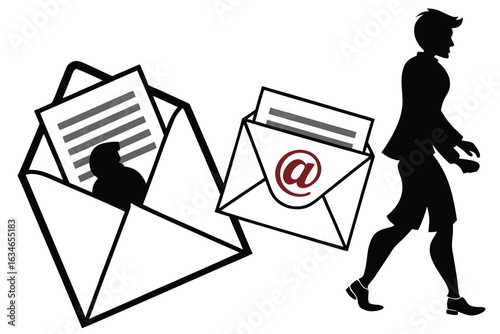 Vector art of silhouette of a man walking past emails representing the sending and receiving of digital messages and communication
