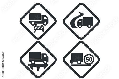 Truck Road Signs Icons Set – Construction, Curves, Bridge, and Speed Limit

