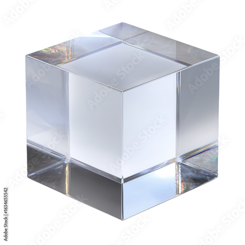 A clear solid glass cube with beveled reflective edges, often used as a modern paperweight or decorative object.
