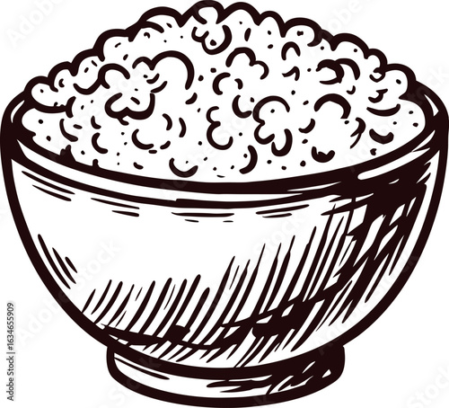 Hand drawn sketch of a bowl filled with cottage cheese curds isolated on white background