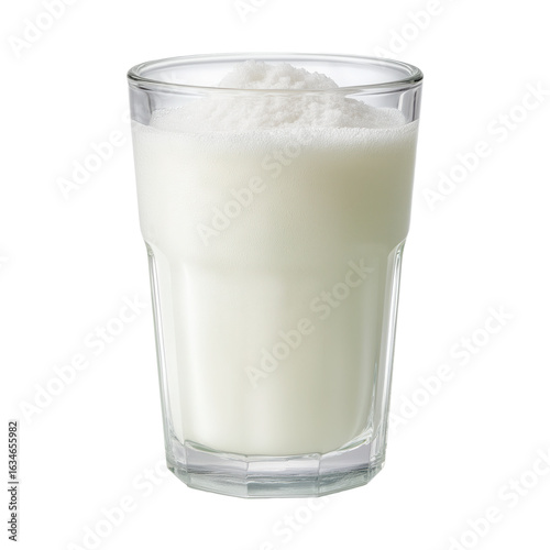 A clear glass filled with frothy white milk, ideal for breakfast, lattes, or cooking and baking use.
