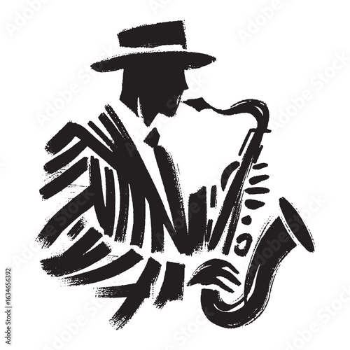 Jazz saxophonist in brushstroke silhouette vector illustration