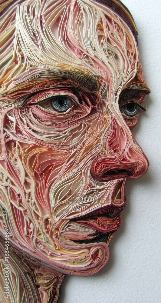 Naklejka premium Detailed paper-cut portrait of a face, showcasing intricate muscle and tissue structures