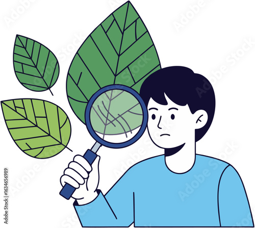 A curious boy studies the intricate veins of a green leaf with a magnifying glass, learning about botany.
