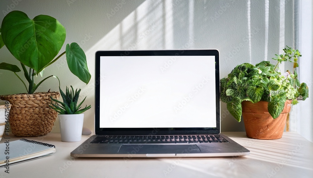 Fototapeta premium modern workspace with a laptop and potted plants