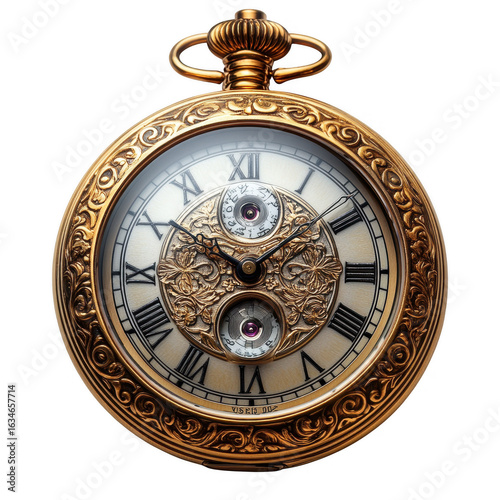 Antique golden pocket watch with intricate engravings and roman numerals displaying time isolated on transparent background