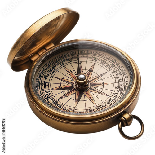 Antique brass pocket compass with open lid showing detailed nautical rose and needle isolated on transparent background