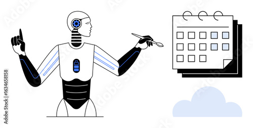Humanoid robot managing tasks using a stylus and a calendar while symbolizing cloud storage. Ideal for technology, automation, productivity, AI, scheduling, cloud computing, futuristic workflow