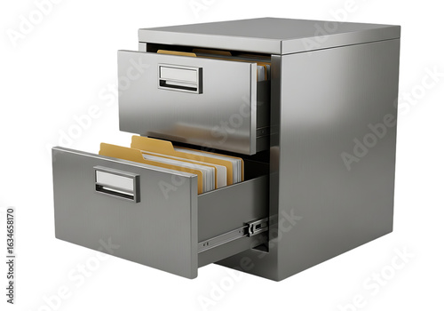 Metallic filing cabinet with open drawers and files isolated on a transparent background image
