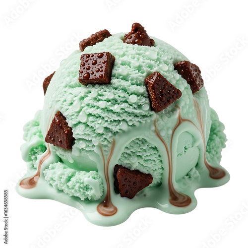 Mint chocolate chip ice cream scoop with melting drips isolated on a transparent background green chips