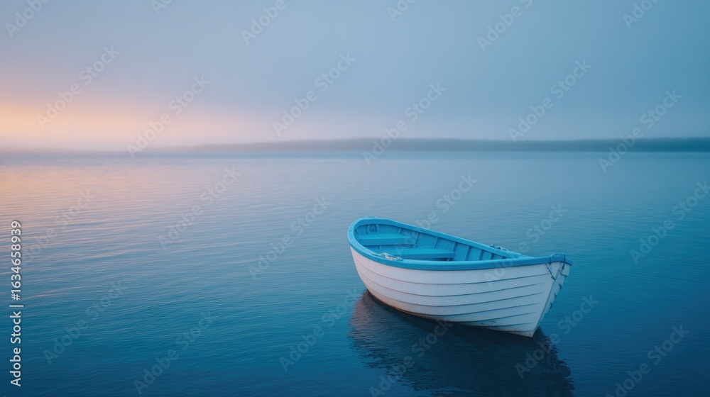 Naklejka premium Calm waters reflect soft hues of dawn, featuring solitary boat d