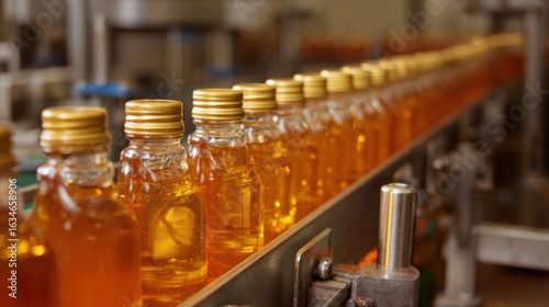 Wallpaper Mural Bottles filled with golden liquid are lined up on bottling line, showcasing intricate process of honey production. scene captures essence of quality and craftsmanship in beverage manufacturing Torontodigital.ca