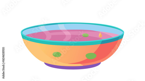 Colorful bowl of hot pink soup with green peas and a drop