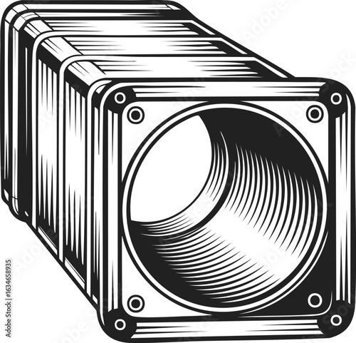 Ventilation duct, air flow conduit, exhaust piping, and ventilation system component in vintage engraved style