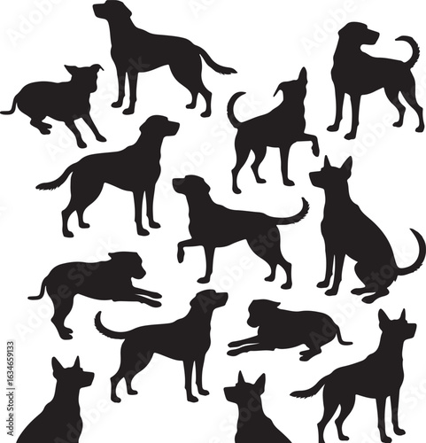 A collection of black dog silhouettes in various poses. Vector illustration set of canine figures and animal shapes.
