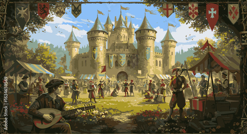 Lively medieval fair scene with a majestic castle, festive crowd, minstrel, and jester in a classic illustration style.