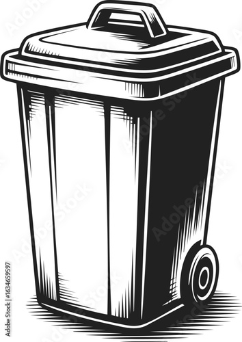 Waste bin, garbage receptacle, refuse container, trash holder, refuse storage with lid, wheeled bin, sanitation tool, waste management equipment