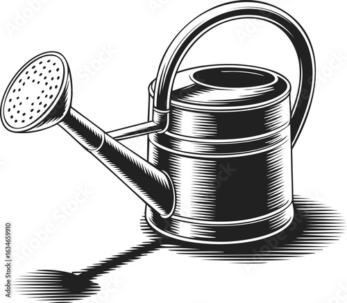 Watering can, gardening tool, watering device, irrigation pot, vintage engraved watering can illustration