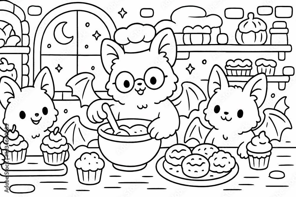 Naklejka premium Cute bats baking treats in a cozy midnight bakery, Fun Coloring Page