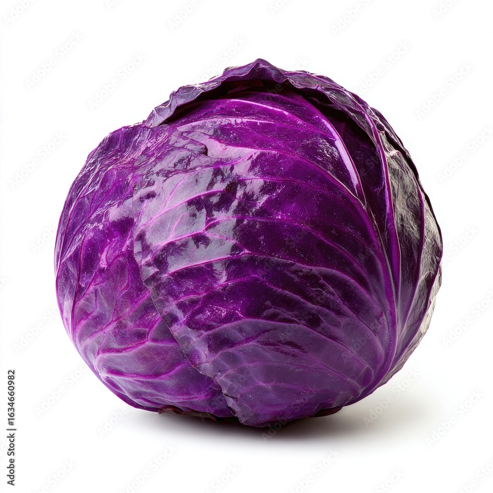 Fototapeta premium A vibrant, round red cabbage with tightly packed, deep purple-red leaves, glossy sheen, and slight shadow, isolated on a white background
