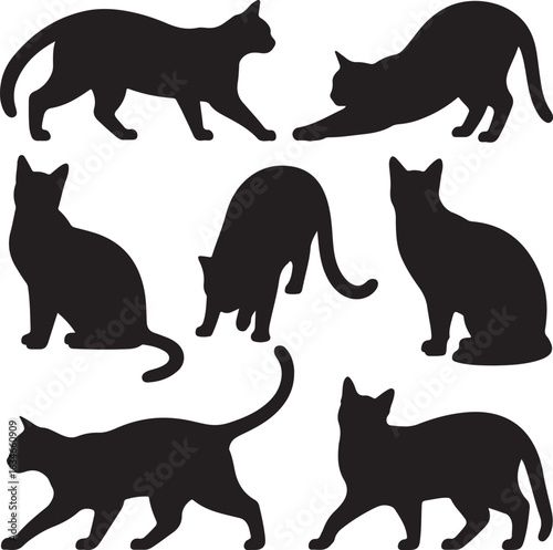Set of black cat silhouettes in various dynamic poses. Feline collection showing walking, stretching, and sitting actions.