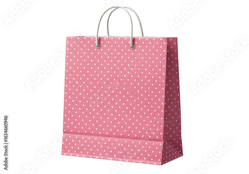 Pink polka dot paper gift bag with white handles isolated on a transparent background image