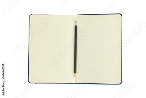 Open notebook with blank pages for writing and a pencil, isolated on white background with clipping path.