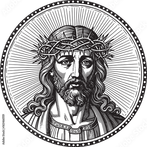 Jesus Christ with crown of thorns and radiant halo, drawn in vintage engraving style sketch engraving generative ai fictional character vector illustration. Scratch board. Black and white image