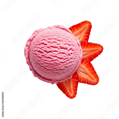 Pink strawberry ice cream scoop with fruit slices isolated on a transparent background image