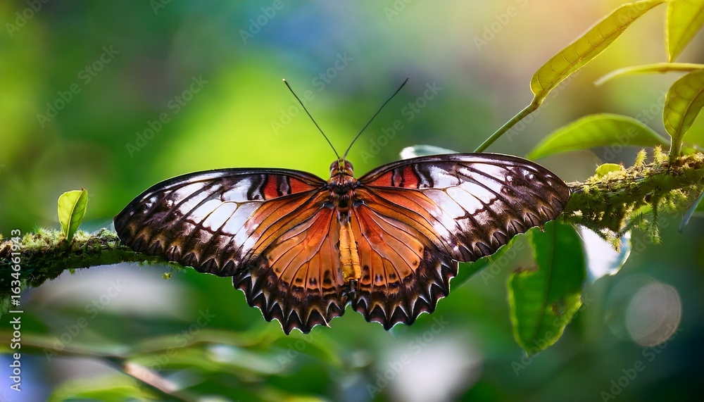 Naklejka premium colorful butterfly resting on a branch in a lush garden