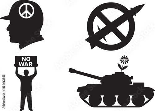 Silhouette Icons of Anti-War Movement Symbols Peace Sign Tank Flower Protest No War Activism Concept