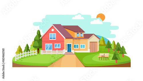 Charming cartoon house with a green yard and trees under a sunny sky