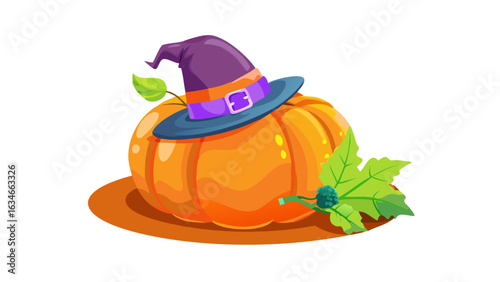 Whimsical halloween pumpkin wearing a witch hat and decorated with leaves