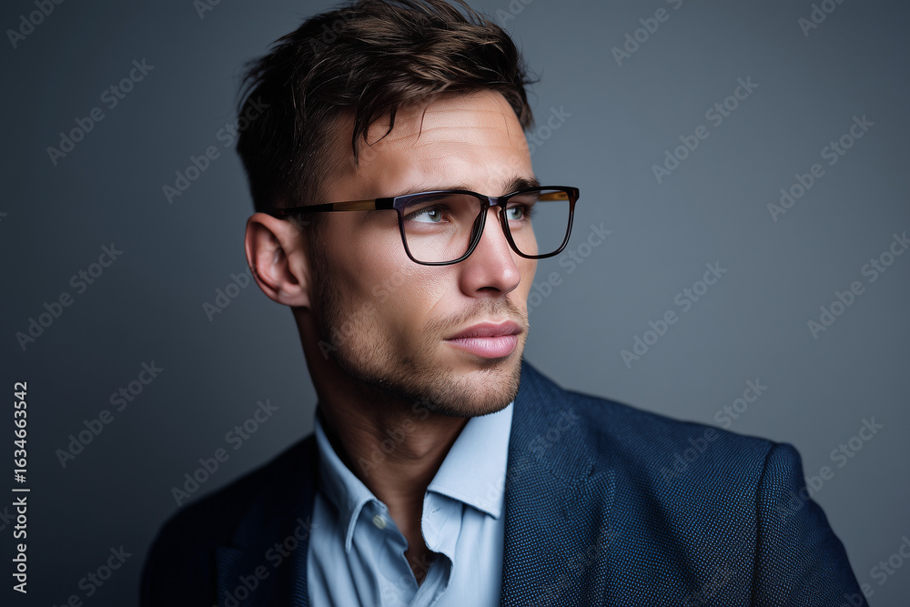 Portrait of a confident young businessman wearing glasses and a blue suit looking thoughtfully to the side on gray background Portrait of a confident young businessman wearing glasses and a blue suit looking thoughtfully to the side on gray background