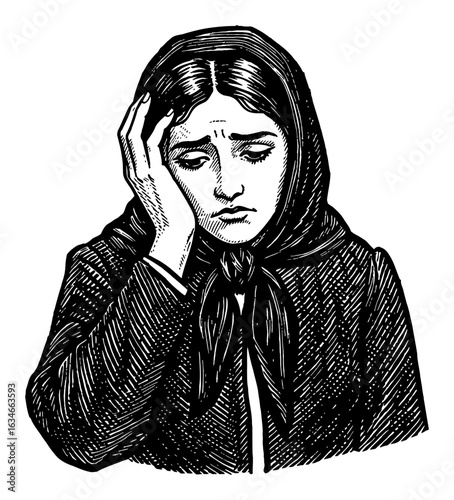Distressed Vintage Dressed Woman Holding Head in Hand Depicting Sadness Stress and Worry Black and White Outline Line Art Drawing