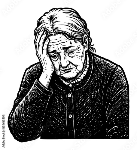 Distressed Grandma Holding Head in Hand Depicting Sadness Stress Worry Black and White Outline Line Art Drawing