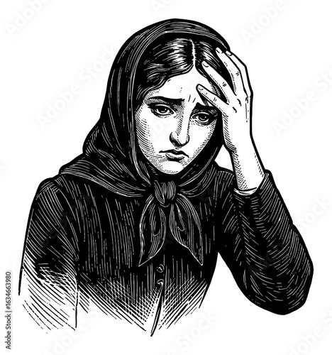 Distressed Vintage Dressed Woman Holding Head Depicting Sadness Stress and Worry Black and White Outline Line Art Drawing