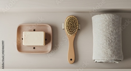 Overhead view of a soap body brush and rolled towel on a shelf