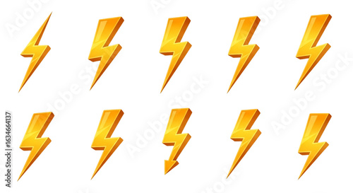 Set of glossy yellow 3D lightning bolt icons with sharp angular shapes.
