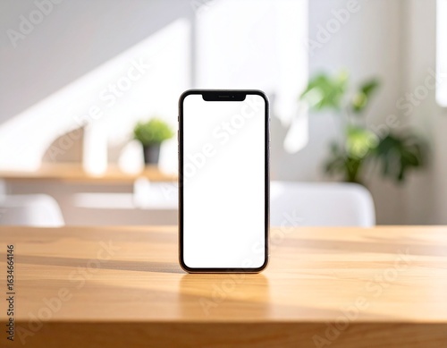 Blank smartphone on wooden office desk