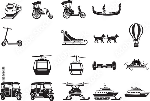 Vector art of collection of diverse transportation and travel icons isolated on white background