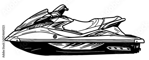 Jet Ski Watercraft Side View Black and White Outline Line Art Drawing for Water Sport and Recreation