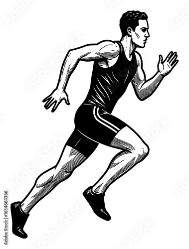 Male Athlete Running in Action Side View Black and White Outline Line Art Drawing Vector Illustration