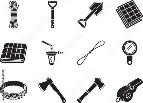 Vector art of set of camping and hiking equipment icons, isolated on white background