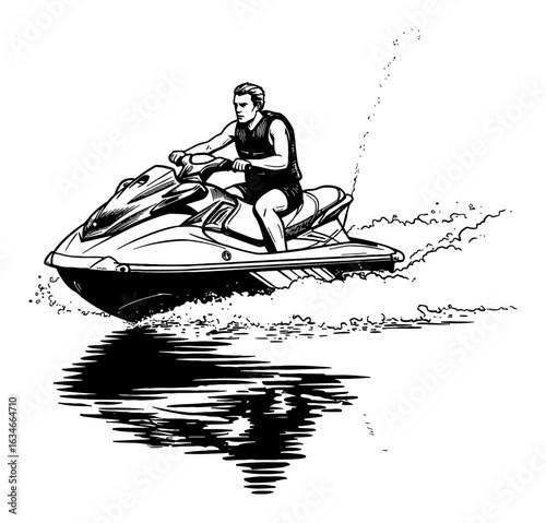 Jet Ski Only Moving Through Water Black and White Outline Line Art Drawing with Rider and Splash